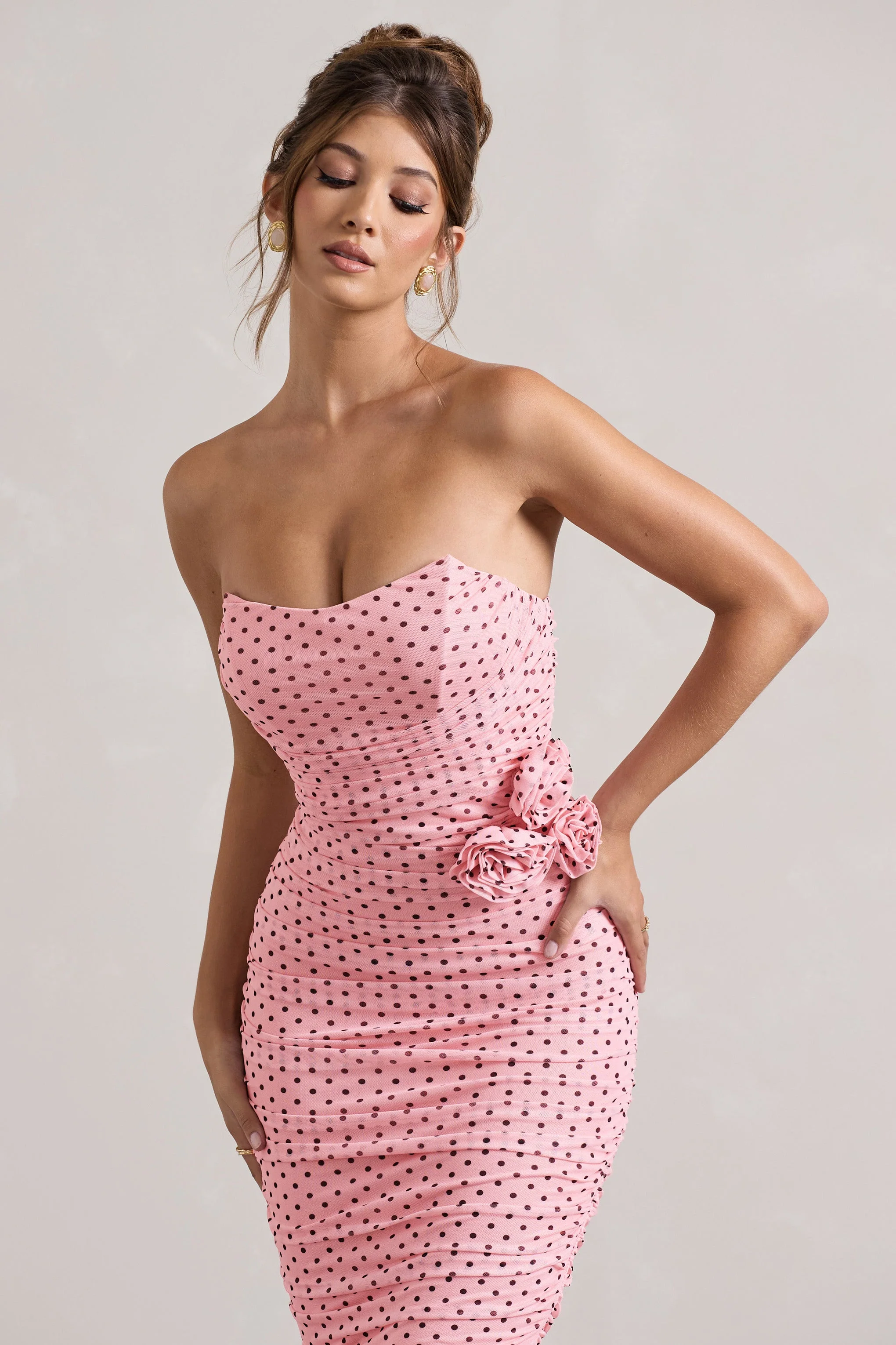 7465-lille-pink-polka-dot-ruched-mesh-strapless-midi-dress-with-corsage-1.webp