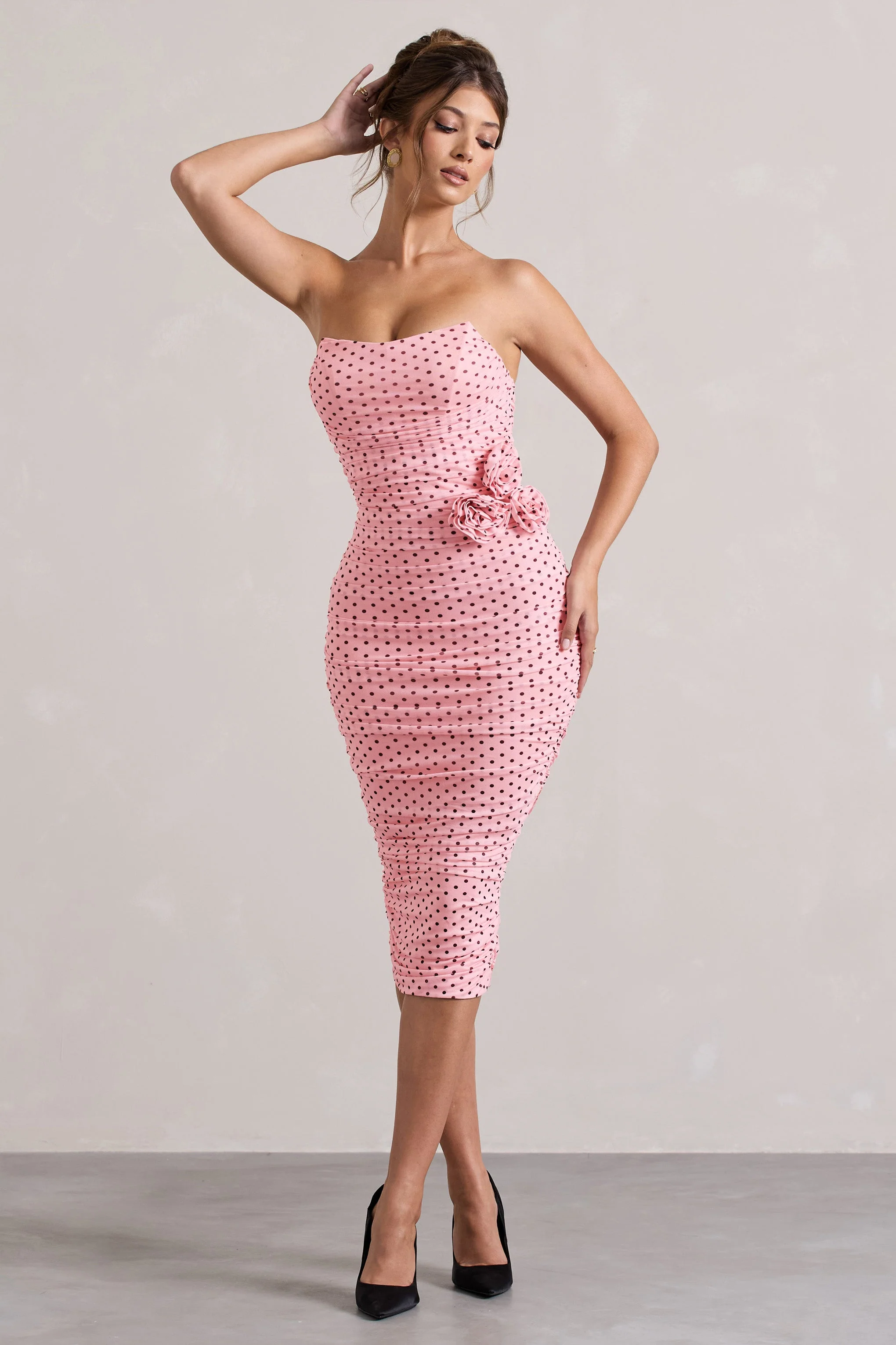 7465-lille-pink-polka-dot-ruched-mesh-strapless-midi-dress-with-corsage-1.webp