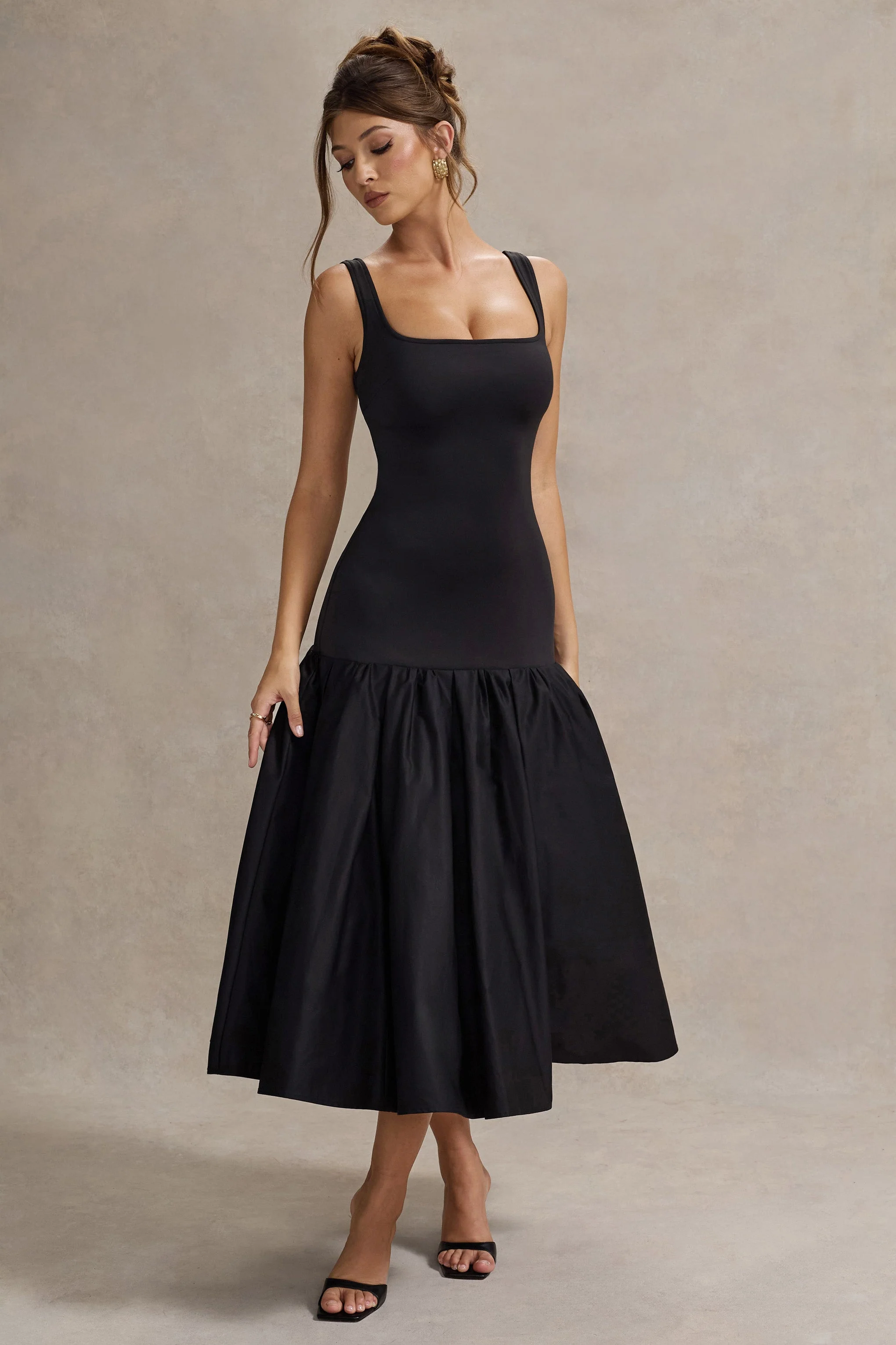 Parida | Black Poplin Drop-Waist Midi Dress With Peplum Hem