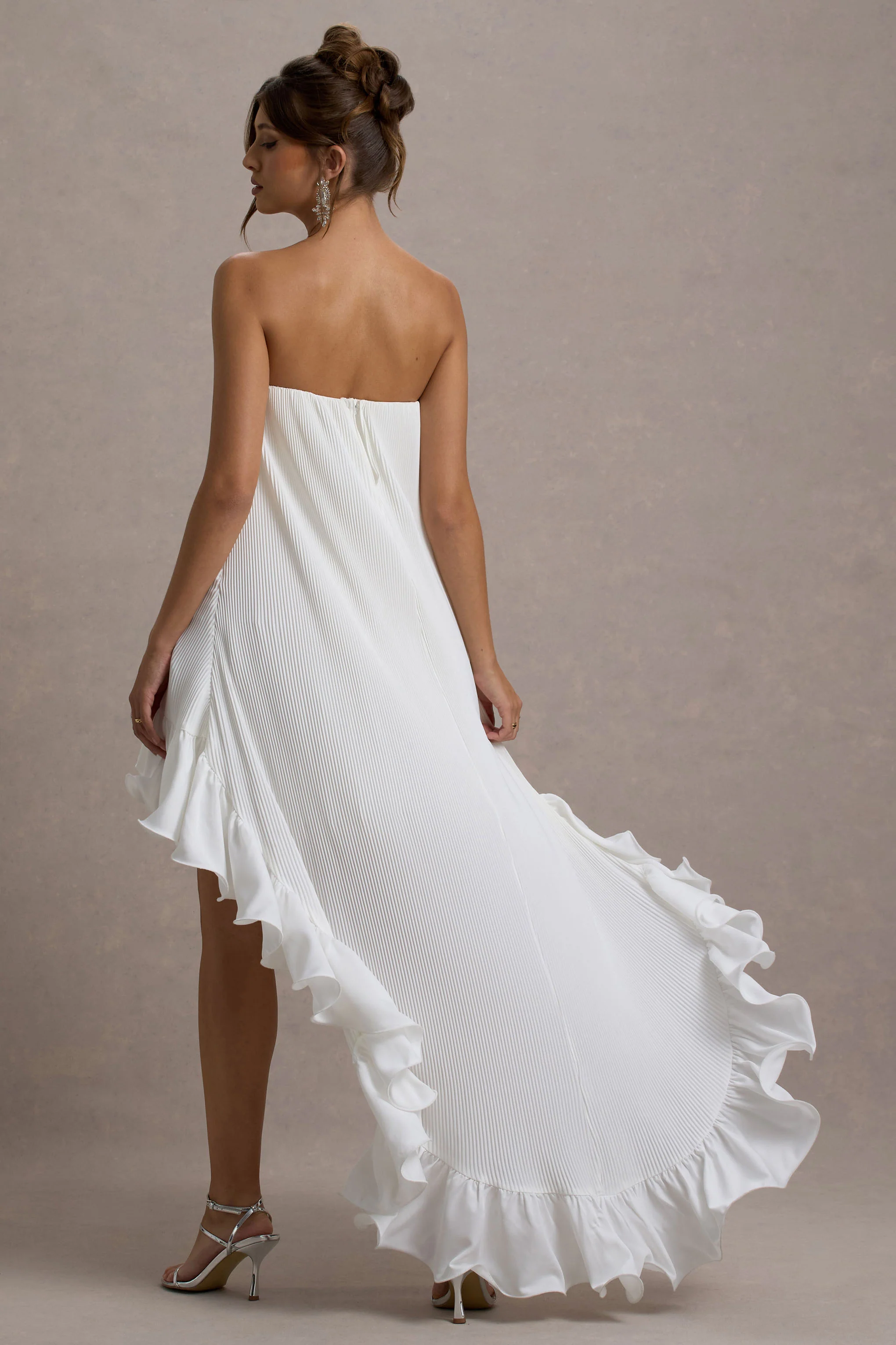 Whistler | White Chiffon Bandeau High-Low Ruffled Maxi Dress