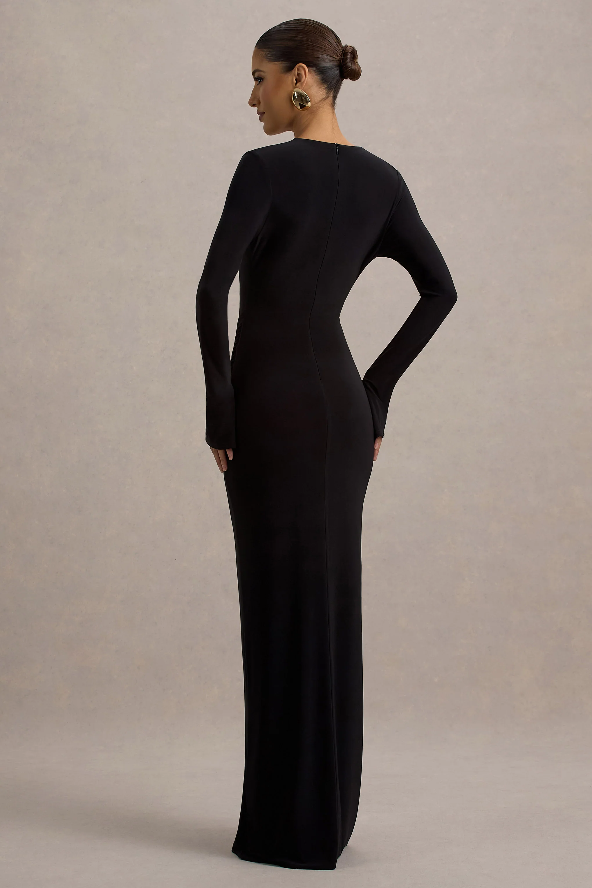 8361-idony-black-plunge-neck-gathered-split-maxi-dress-with-ring-detail-1.webp