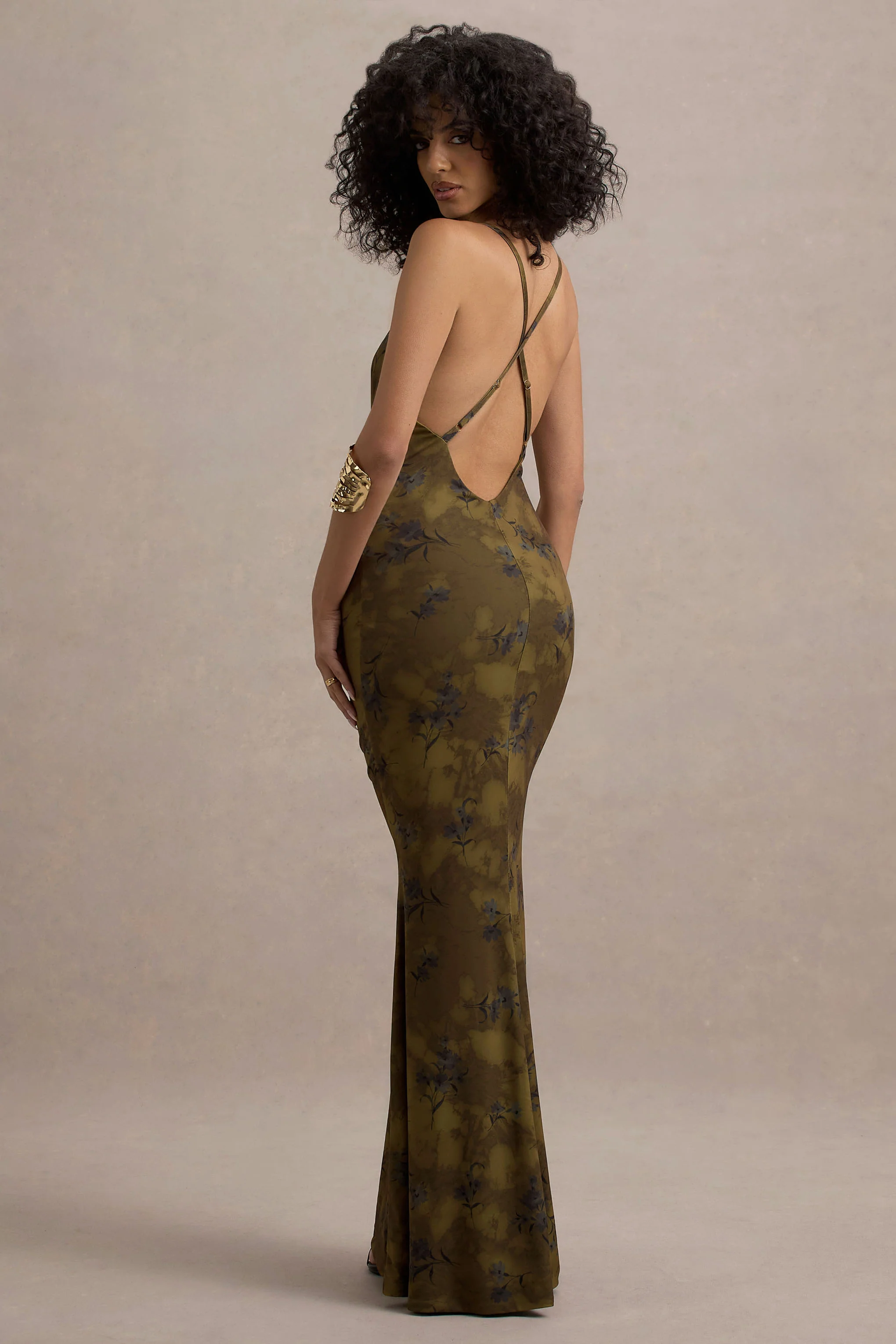 Allana | Yellow Floral Print Cowl-Neck Open-Back Maxi Dress