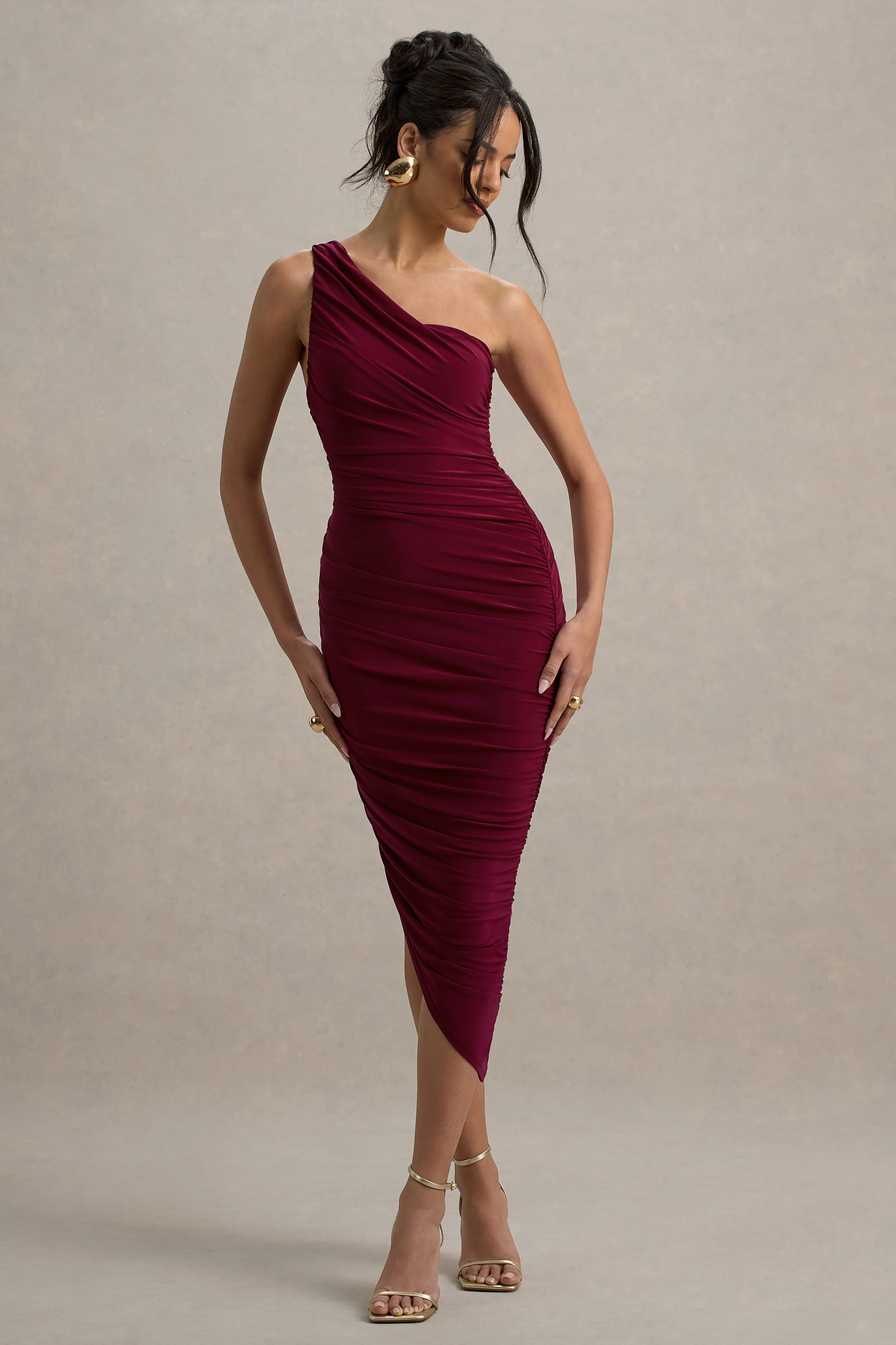 Dorit | Burgundy One Shoulder Asymmetric Ruched Midi Dress