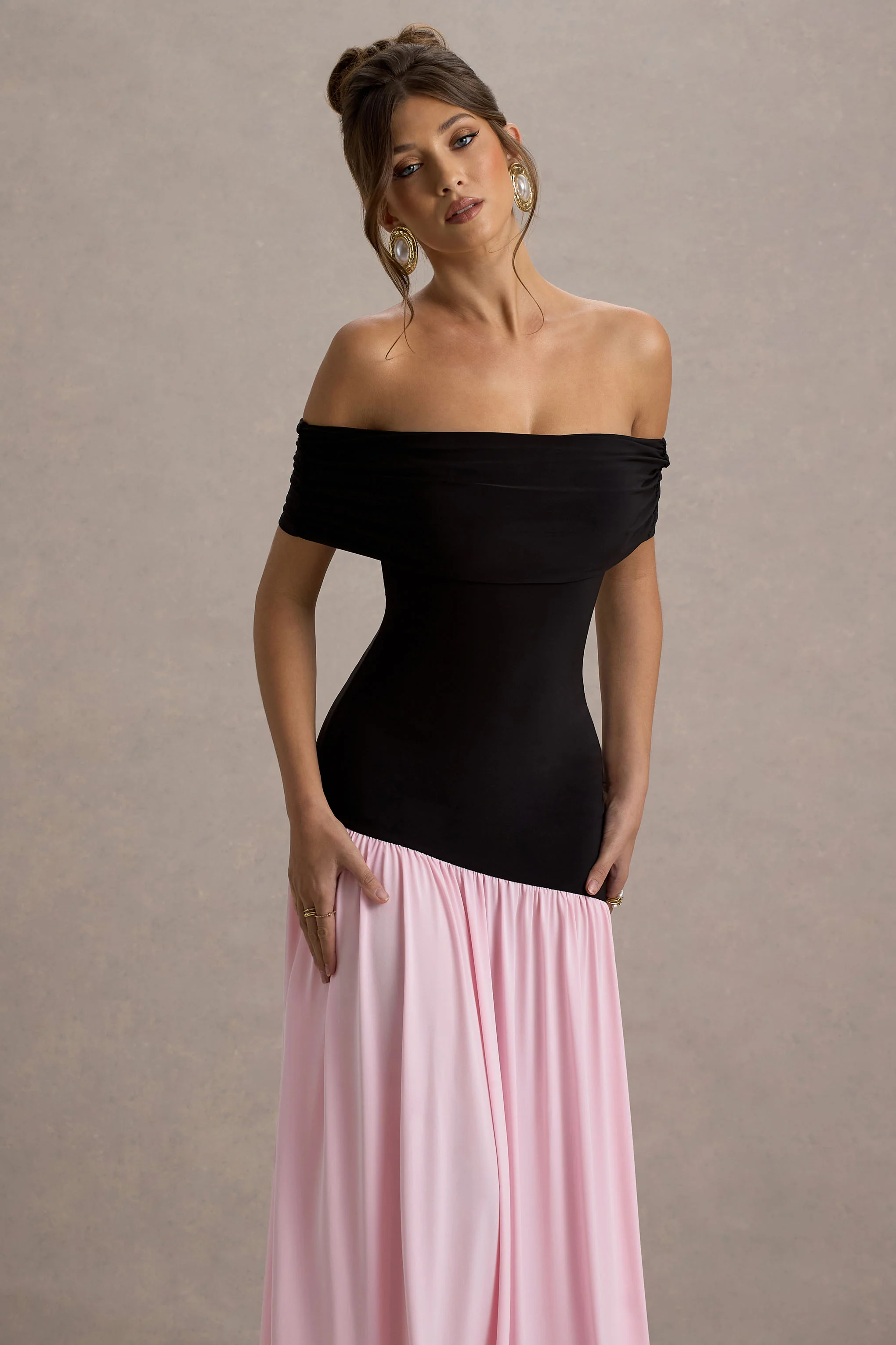 9010-venezia-black-pink-bardot-puff-skirt-maxi-dress-1.webp