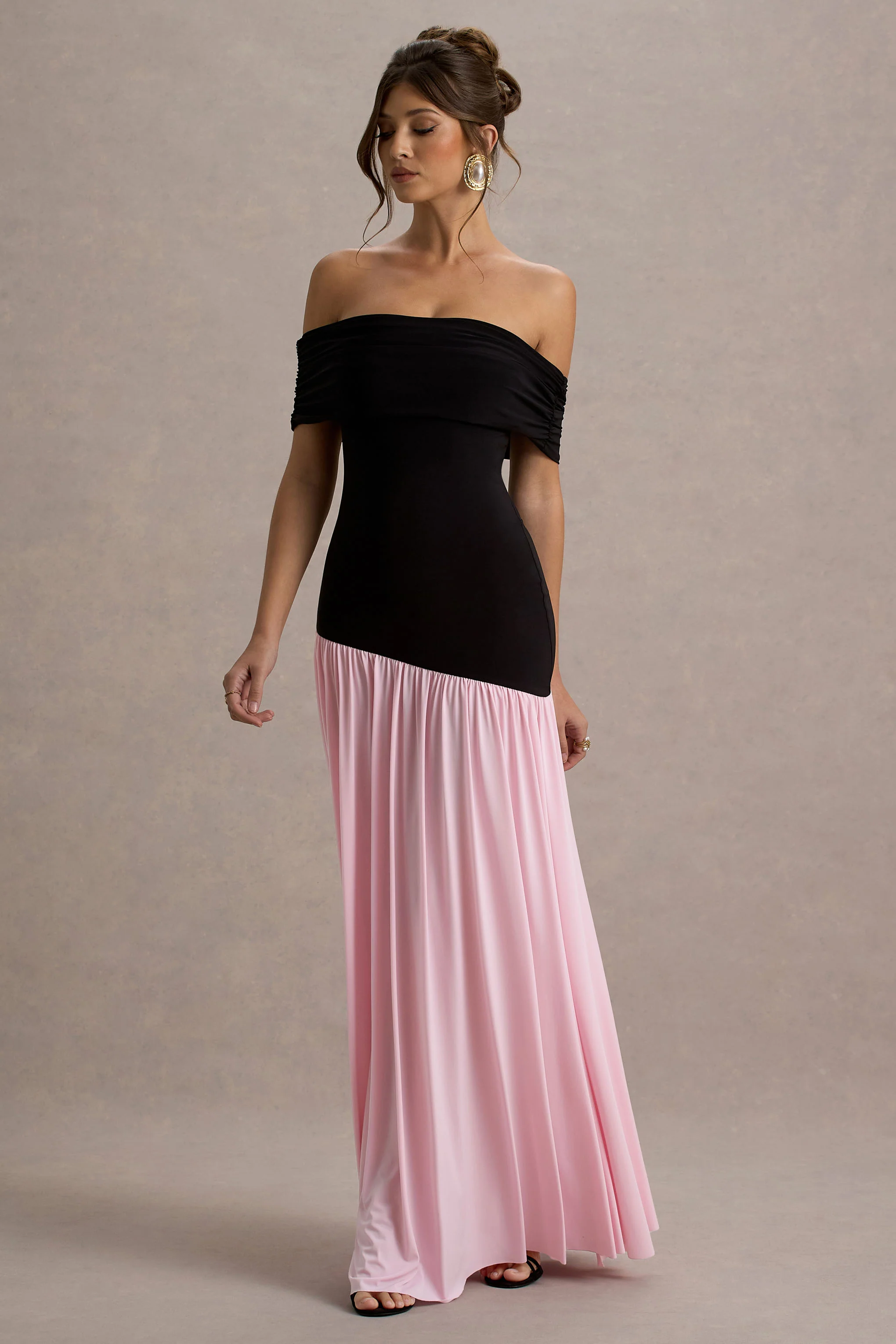 9010-venezia-black-pink-bardot-puff-skirt-maxi-dress-1.webp
