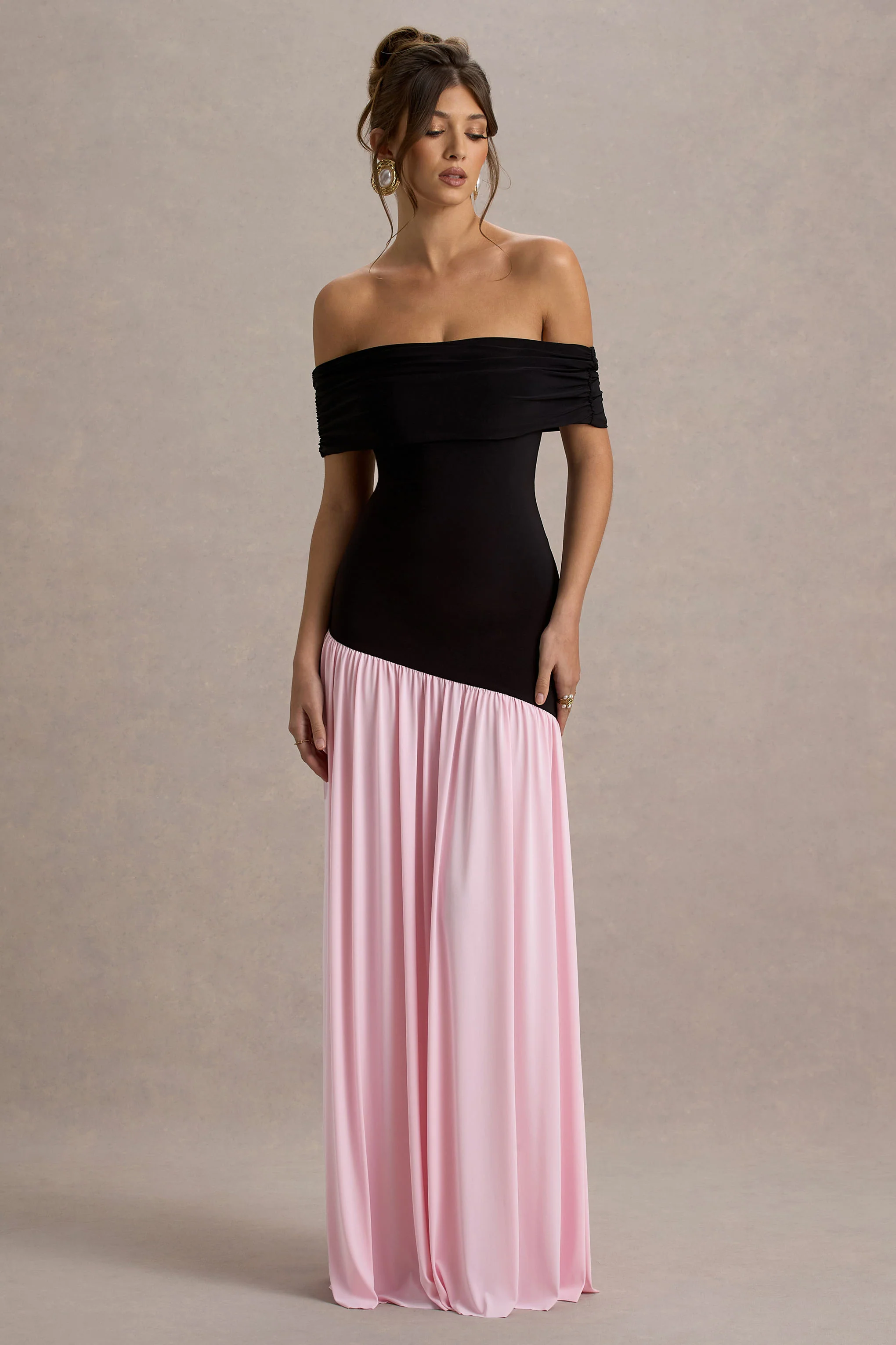 9010-venezia-black-pink-bardot-puff-skirt-maxi-dress-1.webp