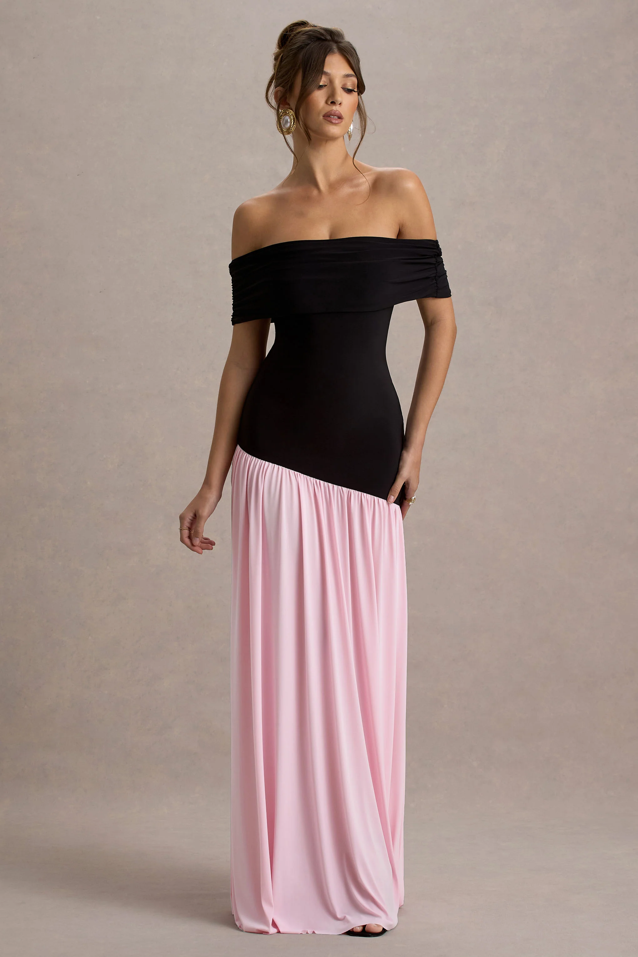 9010-venezia-black-pink-bardot-puff-skirt-maxi-dress-1.webp