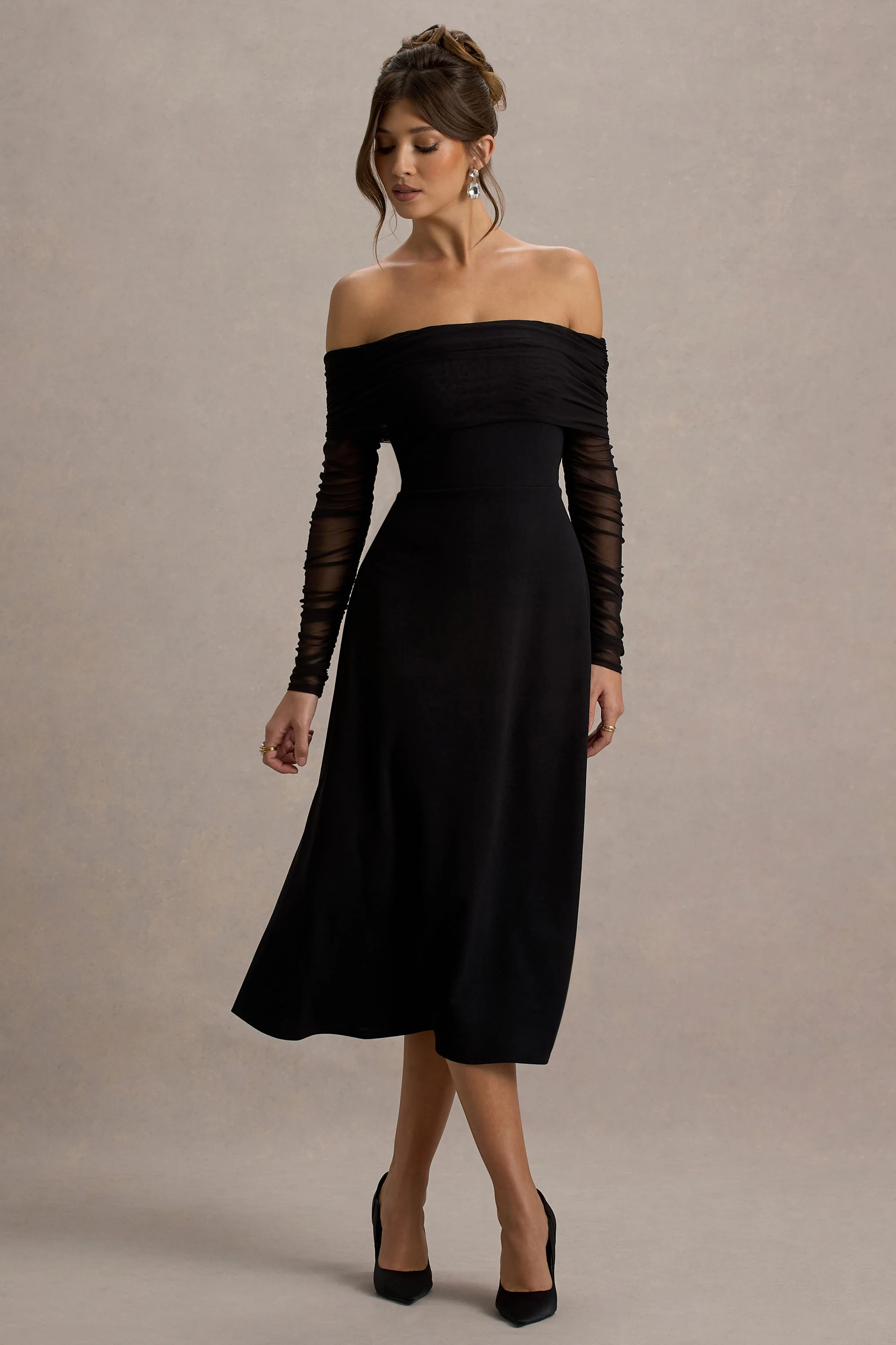 Missy | Black Bardot Long-Sleeve Midi Dress